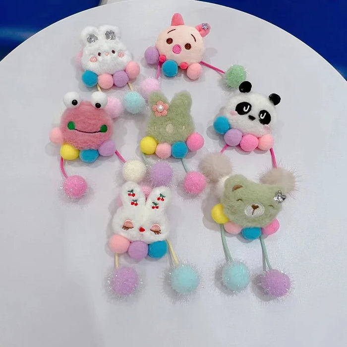 Cute Cartoon Plush Doll Colored Hair Ropes Children Rabbit Panda Flower Pendant