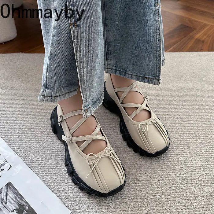 Autumn Chunky Women Sports Shoes Fashion Shallow Butterfly-knot