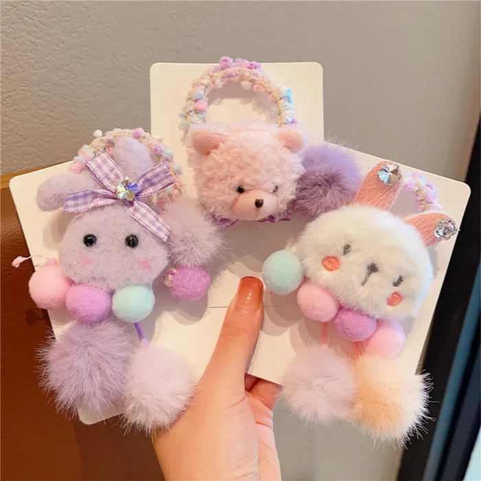 Cute Cartoon Plush Doll Colored Hair Ropes Children Rabbit Panda Flower Pendant