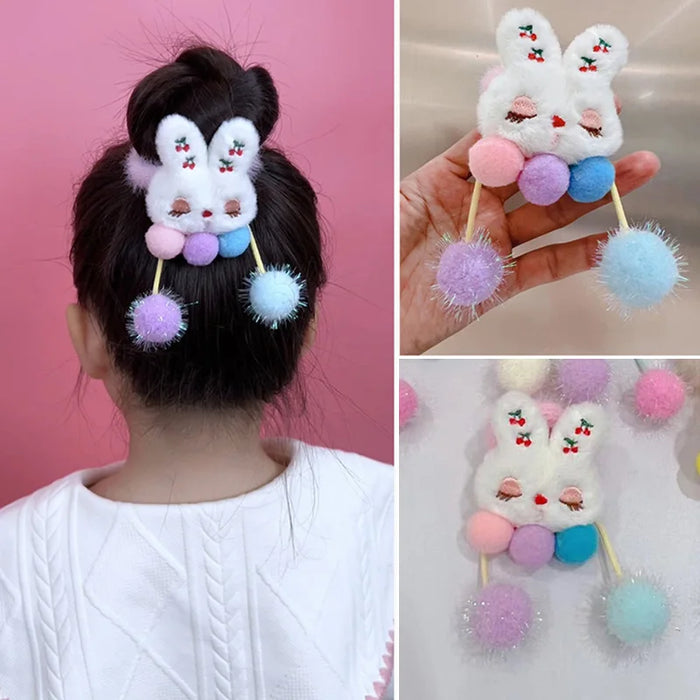 Cute Cartoon Plush Doll Colored Hair Ropes Children Rabbit Panda Flower Pendant