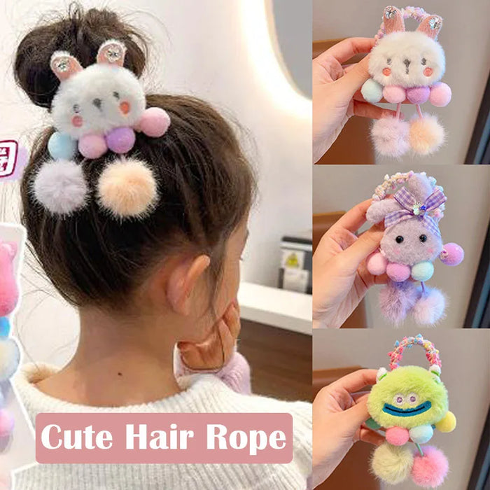 Cute Cartoon Plush Doll Colored Hair Ropes Children Rabbit Panda Flower Pendant