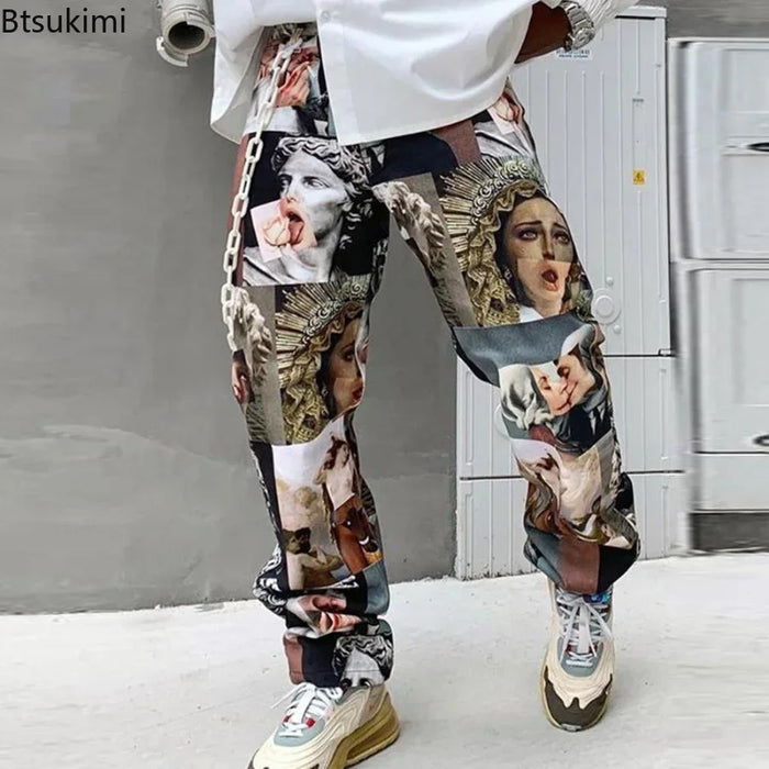 New Spring Autumn Men Pants Streetwear Printed Pants Straight